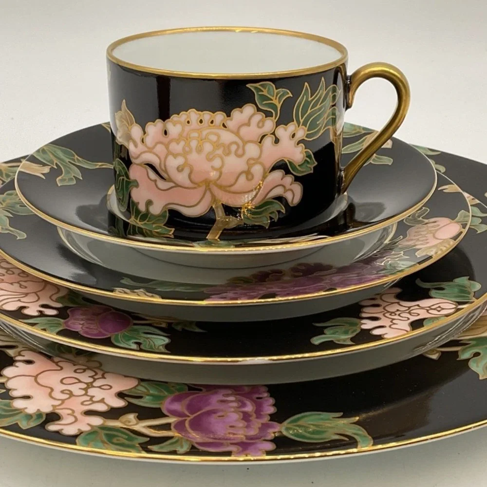 Fitz & Floyd Fine Porcelain 'Cloisonne Peony' Black (1984-1996) 5-Piece Set